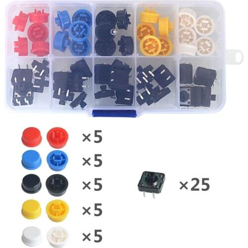 25PCS Tactile Momentary Module Button Momentary 12*12*7.3MM Micro switch button + 25PCS Tact Cap(5 colors)