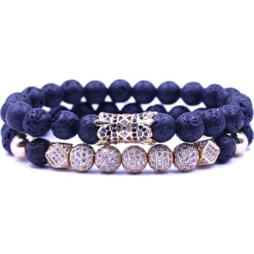 8mm 2PCS/Set gold gdg242 gelastic adjusted nature black stone volcanic lava micro pave cz zircon cubic zirconia tube Bracelet