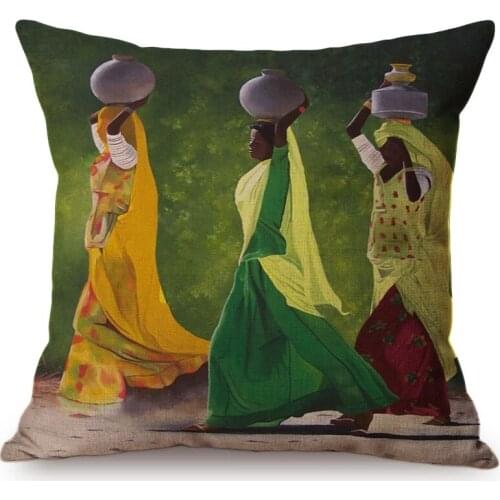 Africa Woman Lifestyle Abstract Oil Painting Sofa Cushion Cover African Rural Nonmaterial Culture Exotic Decoration Pillow Case