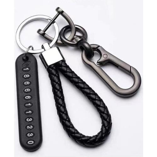 Anti-lost car keychain phone number card key ring leather braided rope car key chain personality unisex key ring chain