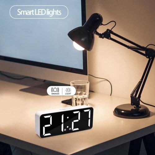 Digital Desk Alarm Clock Mirror Date Temperature LED Display USB Port Bedside Table Contact Snooze Clocks for Bedroom
