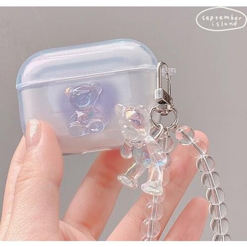 Cute Bear Dreamy Color Cover for Apple Airpods 1 2 Case with KeyChain for AirPods Pro Case Bluetooth Earphone Transparent Case