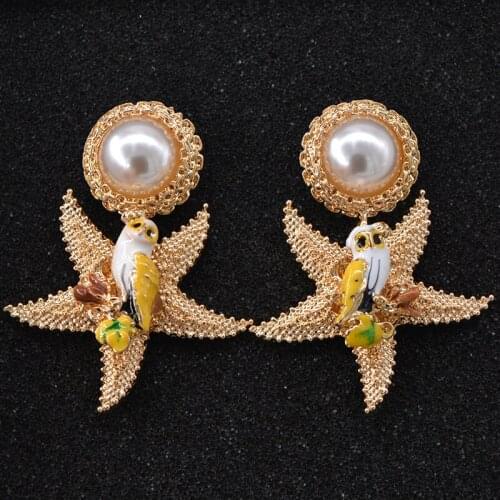 European And American Baroque Enamel Glaze Cute Bird Starfish Pearl Earrings Elegant Wild Banquet Fashion Ear Jewelry Female