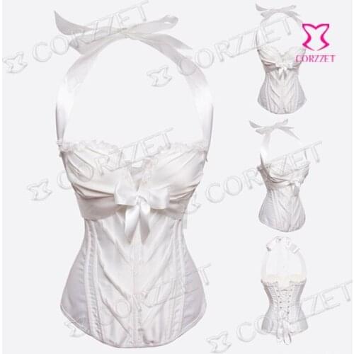 Gothic Bridal Wedding Satin Sexy Halter Overbust Push Up White Corset Top Corpetes E Espartilhos Women Corsage Slimming Bustier