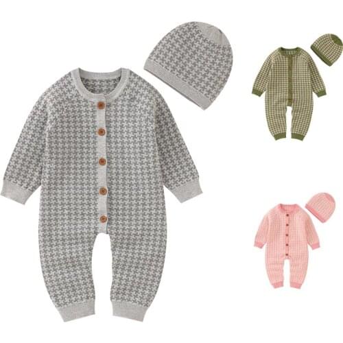 Infant Baby Boys Girls Knitting Long Sleeve Jumpsuit Overall Autumn Winter Baby Boys Girl Knitting Bodysuits+Hat Baby Clothes