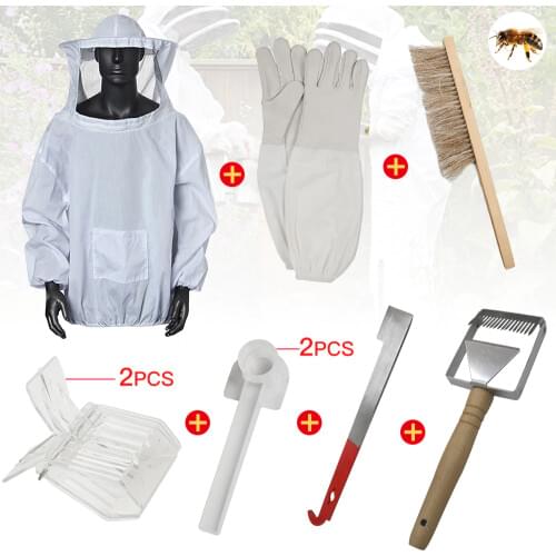 Beekeeping Clothing Kit Bee Hive Tools Suit Queen Cage Clips Uncapping Fork Water Feeder Gloves Brush For Equipment Beekeeper