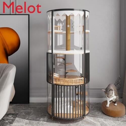 Round Cat Cage Villa 360 Panoramic Display High Transparent Glass Luxury Cat Nest with Toilet Solid Wood House Oak Solid Wood