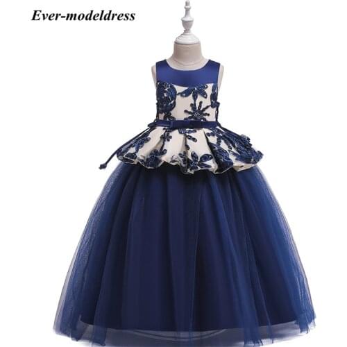 Girls Lace Flower Dresses Pageant Ball Gown Little Girl Princess Wedding Dress Long Blue Pink Birthday Party Skirt Kids Vestidos