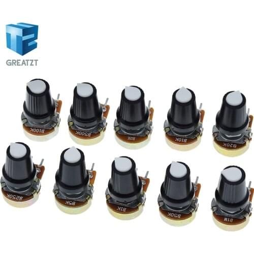 5 Sets WH148 1K 10K 20K 50K 100K 500K Ohm 15mm 3 Pin Linear Taper Rotary Potentiometer Resistor for Arduino with AG2 White Cap