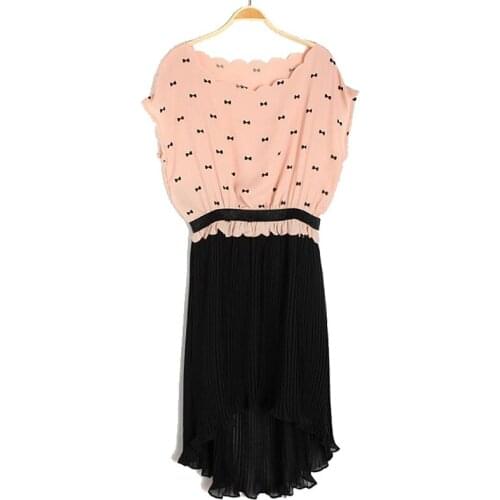 New woman clothes wavy edge loose bowknot printing irregular pleated chiffon dress