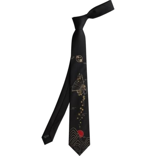 Cherry blossoms fan black Embroidery Hand cut Premium party tie Creative neck tie Cravate Nó no pescoço галстук width :7cm