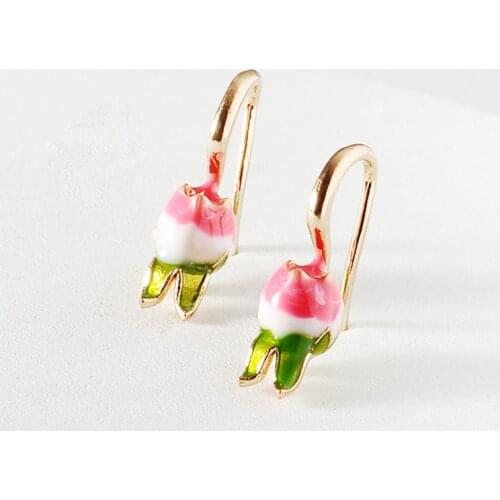 Yungqi Vintage Pink Flower Tulip Stud Earrings Alloy Enamel Hanging Earrings for Femal Girl Childs Statement Jewelry pendientes
