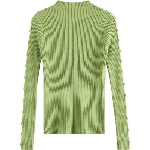 Women shirt Knitted clothes Slim Solid Female Cotton Soft Elastic Color Pullovers Button Full Sleeve Turtleneck Sweaters tops