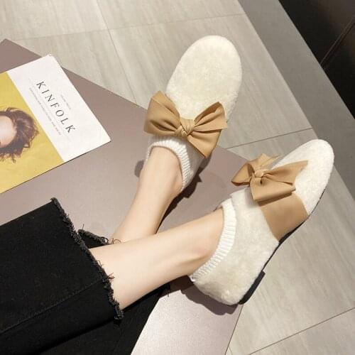 2020 New Spring Winter Women Shoes Woman Flats Solid Black White Casual Shoes Warm Plush Bow Knot Student Slip on Ladies Shoes