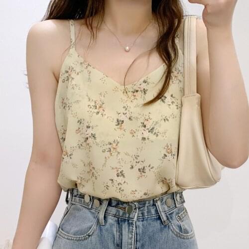25#Women V-neck Casual Sleeveless Printed Camis Vest Loose Tanks Tops Crop Top Women 2021 Girls Broken Flower Blouses Femme Tops