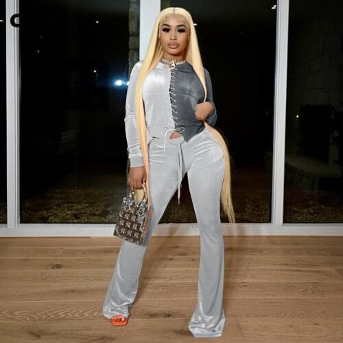 Lemon Gina Women Tracksuit Velvet Patchwork Bandage Crop Tops and Pants Two 2 Piece Sets Active Sweatsuit Casual Outfit Autumn