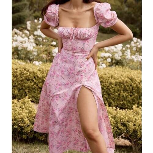 Puff Sleeve Long Dress Women Square Neck Ruffle Floral Wrapped Split Dress Summer High Waist Ladies Elegant Party Beach Dress