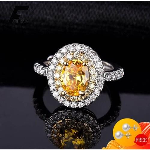 Luxury Rings 925 Silver Jewelry Oval Citrine Zircon Gemstone Open Finger Ring for Women Wedding Engagement Party Accessories