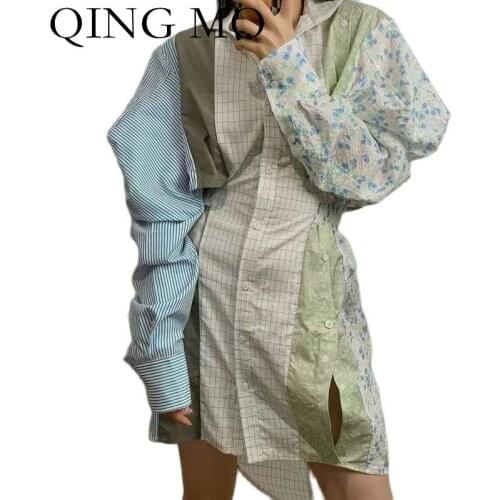 QING MO Autumn Fashion Retro Stitching Irregular Long sleeved Dress Women 2021 New Waist Slimming Shirt Dress ZWL807