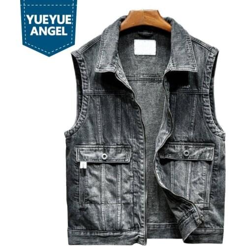 Spring Autumn New Biker Denim Vest Jackets Gray Fashion Turn-Down Collar Sleeveless Loose Zippers Korean Style Vest Mens 2021