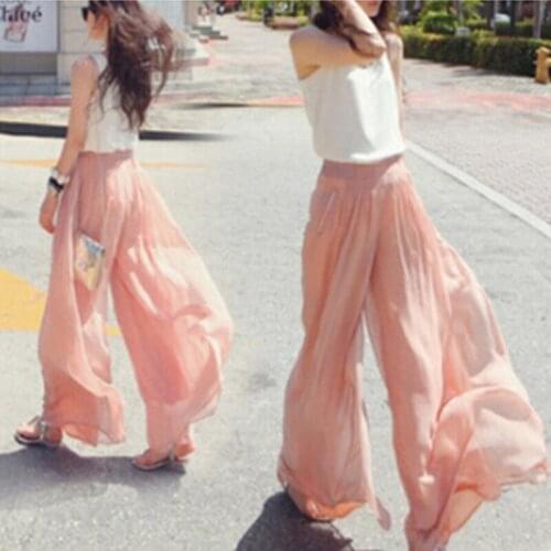 2020 Women Long Loose Pants Summer Chiffon Wide Leg Pants Female Trousers Elegant Chiffon Pants Fashion High Waist Streetwear