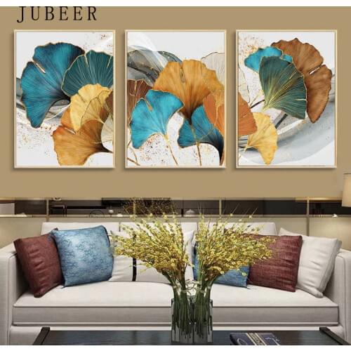 Abstract Ginkgo Leaves Canvas Painting Yellow Blue Leaves Wall Art Pictures for Home Design Paintings on The Wall Home Poster