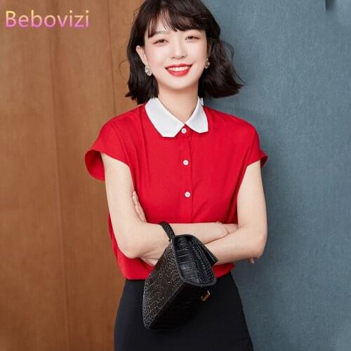 Bebovizi S-XXL 2021 New Korean Fashion Red White Chiffon Summer Button Up Casual Shirts Tops for Women Office Lady Work Clothes