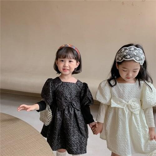 Korean Childrens Dress 2021 Autumn New Girls' Cute Bow Solid Color Childrens Casual Dress Girls Clothes