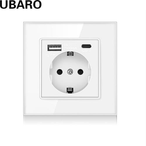 UBARO German Standard Crystal Glass Panel Wall Socket With Usb 5V 2100mA &Type C Usb Power Plug Electrical Outlet AC110-250V 16A