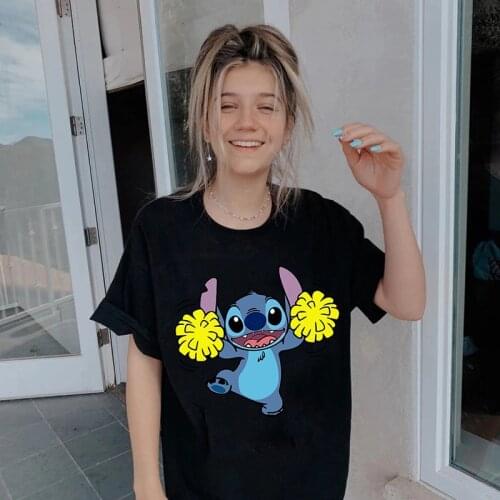 Hot Womens Summer Black T-shirt Disney Kawaii Outfits Lilo Stitch O-neck Tops Casual Short Sleeve T Shirts 90s Girls Loose Tees