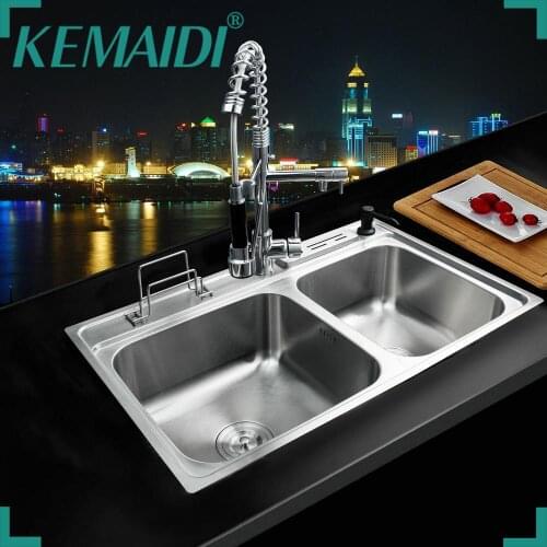 KEMAIDI Kitchen Stainless Steel Sink Vessel Kitchen Washing Vegetable Double Bowl SS-128525/111 With Swivel Vanity Faucet