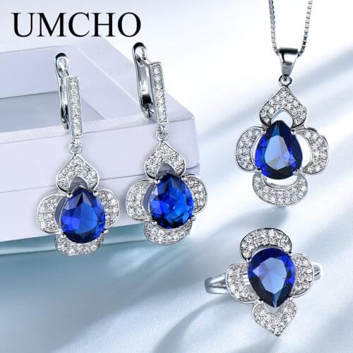 UMCHO Classic Sapphoire Blue Rings Earrings Necklace Pendants Created Sapphire Rings For Women Wedding Gift Jewelry Sets