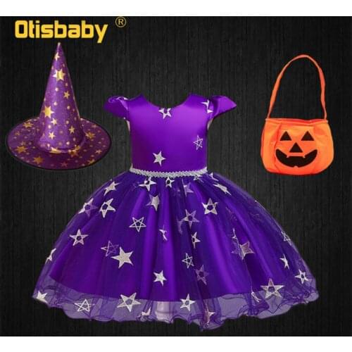 Children Halloween Witch Costume 3Pcs Girls Witch Dress Hat Candy Bag Clothing Set Boutique Girls Star Embroidered Tutu Dress