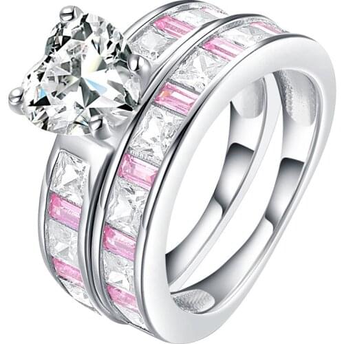 Romantic Engagement Wedding Band Bridal Ring Sets Real Solid 925 Sterling Silver Ring 2 PCS Pink Stone Rings Best Chioce