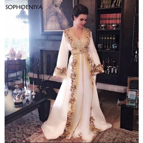 New White Beaded Muslim Long Evening Dresses Luxury Dubai caftan mariage Dress Long Sleeves Formal dress Evening party gowns