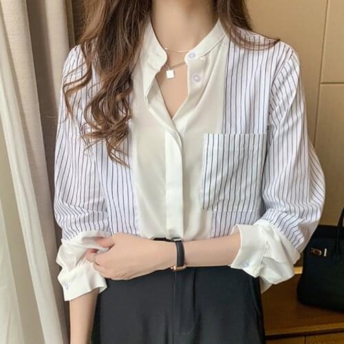 Shintimes New Striped Casual Shirts Stand Pocket Chiffon Women Blouse Woman Clothes Long Sleeve 2021 Womens Tops Chemisier Femme