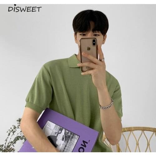 Lapel Solid Mens T-shirt Korean Loose Short Sleeve Knitted Tees Men Simple Slim Summer Boy Top 2020