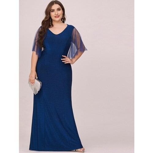 Simple V-Neck Evening Dress Lace Pleat Short Sleeves Empire Bling Mermaid Fashion Floor-Length Plus Size Women Formal Gowns D967