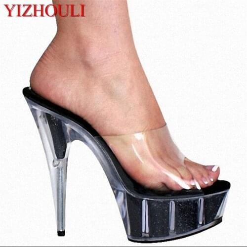 Stylish 15CM High Heel Platforms Slippers Women Fashion Crystal Sandals 6 Inch Glitter Heels Clubbing Party Shoes