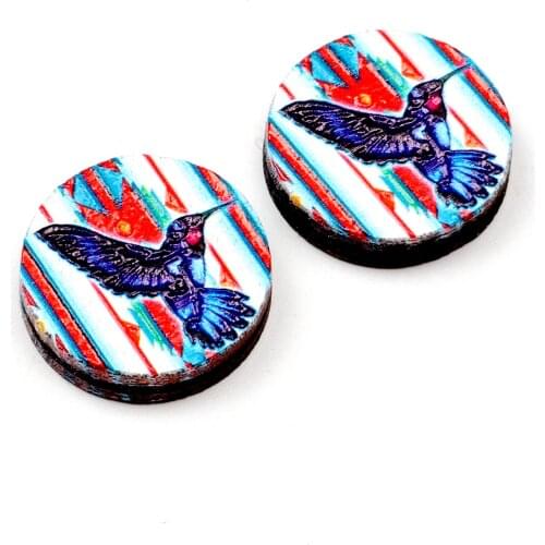 Unique 3D Bird Embossed 16mm Round Coloured Drawing pattern Laser Cut wood Cabochon DIY for Rings, Earring,Brooch,Necklace