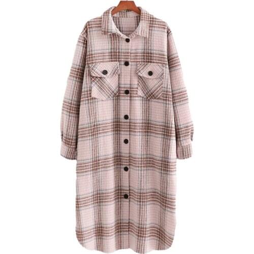 Nice Vintage Woman Loose Light Pink Plaid Long Woolen Shirt Coat Autumn Winter Fashion Woman Soft Outwear Female Casual Jacket