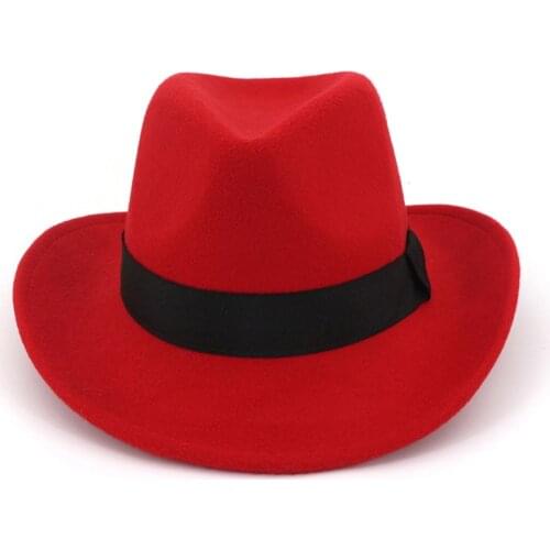 Western Cowboy Cowgirl Jazz Hats Wide Brim Wool Felt Fedora Hat Fashion Women Panama Hats Black Band Decorated Trilby Sombreros