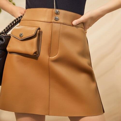 2021 autumn leather skirt autumn Korean version A-LINE pocket skirt trim height waist thin sheepskin woman fashion clothing Y2K