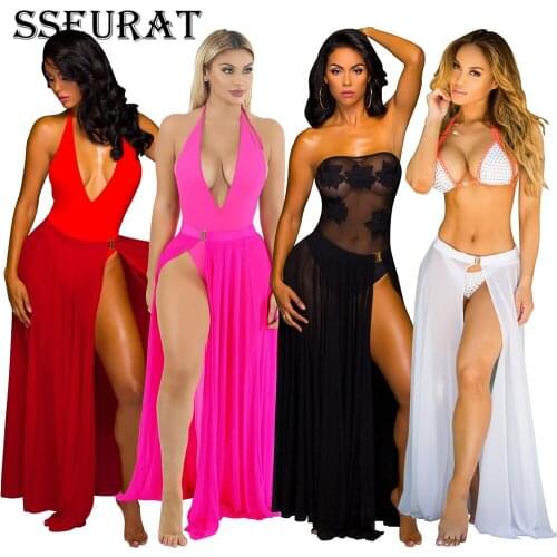SSEURAT Women Skirts Solid Mesh See-through Splited Long Maxi Loose Skirts Sexy Fashion Beachwear Summer 2021