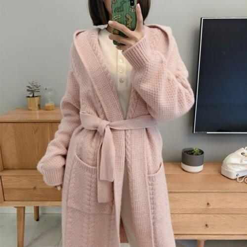 Women 's Cardigan Long Sweater Fashion V - neck Cashmere Hoodie Thicken Lazy Style Long Sweater Cable Loose Long Knit Cardigan