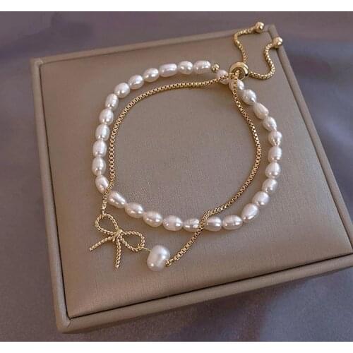 Elegant Natural Pearl Bow Gold Suit Detachable Bracelet For Woman New Korean Fashion Jewelry Lady Sweet Temperament Bracelet