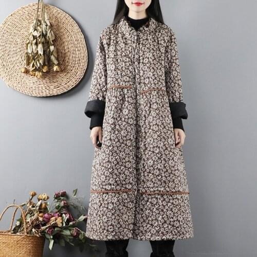 2020 Women Autumn Winter Dresses Vintage Floral Print Long-Sleeve Cotton Dress Chinese Style Cotton-Padded Parka Robe 11858