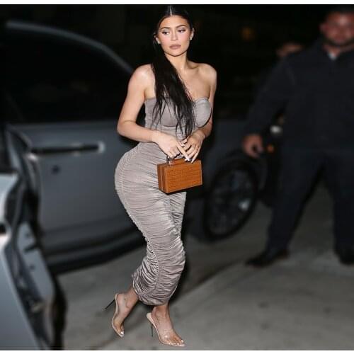 New Women Summer Bodycon Dresses 2020 High Quality Strapless Ruched Grey Sexy Dresses Elegant Celebrity Women Night Party Dress