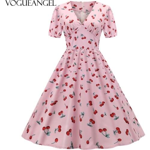 2021 Fashion Casual Elastic Waist Boho Dress Women Beach Summer DressesCherry Print Vintage Chiffon Midi Dress Vestido De Festa