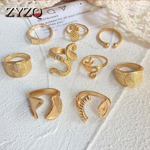 ZYZQ 9pcs/sets Luxury Gold Color Rings for Women Stone Snake Hollow Round Geometric Pineapple Bohemia Finger Ring Jewelry